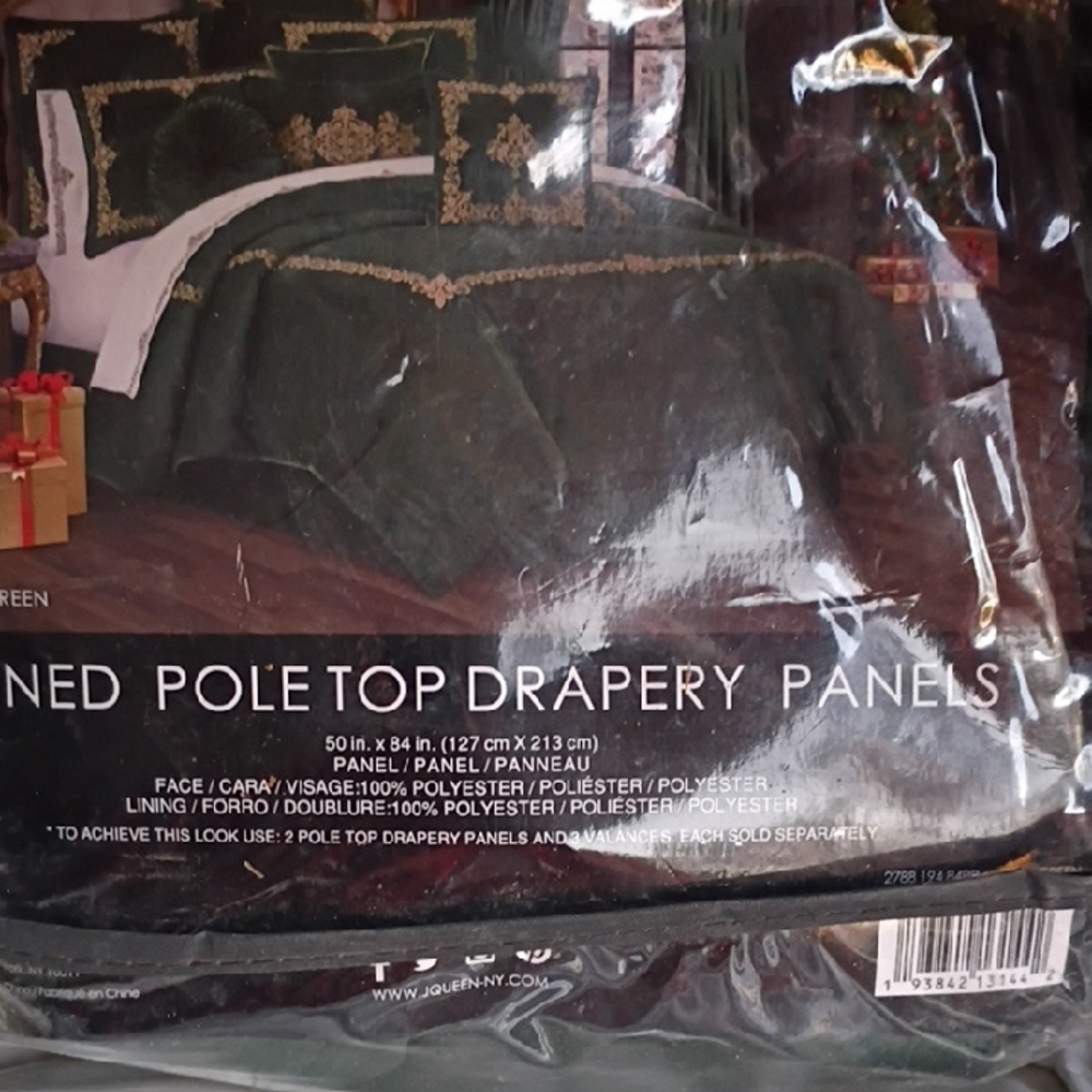 Embroidered Pole Top Drapery Panels - Dark Green with Gold Trim